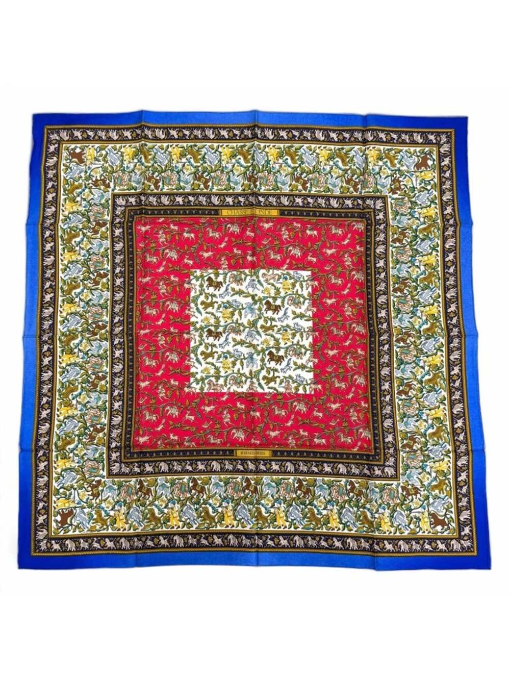 Hermes Chasse en Inde Indian Hunting Silk 100% Carre 90 Scarf Blue Multicolor